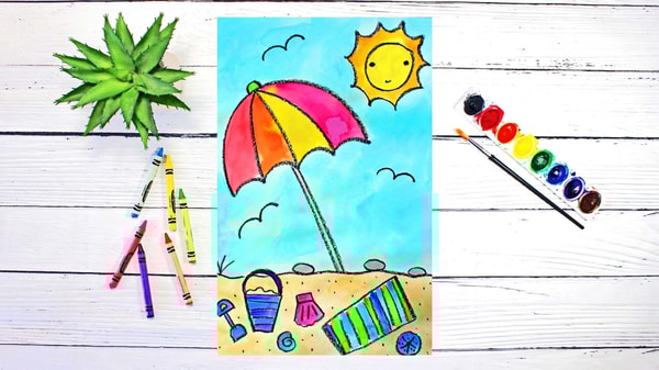 Art Lesson for Kids & Beginners: Drawing and Watercolor Painting a Summer Beach Scene