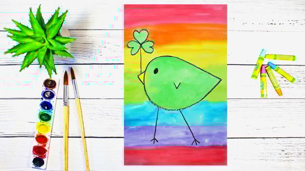Art Lesson for Kids & Beginners: Drawing and Watercolor Painting a Shamrock Bird