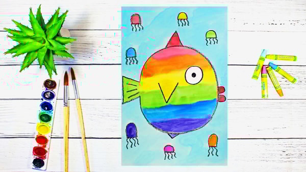 Art Lesson for Kids & Beginners: Directed Drawing and Watercolor Painting a Rainbow Fish & Jellyfish