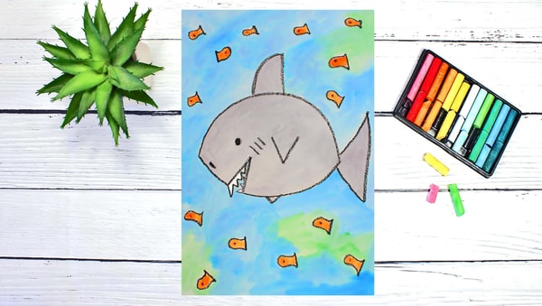 Art Lesson for Kids & Beginners: Drawing and Watercolor Painting a Shark & Fish