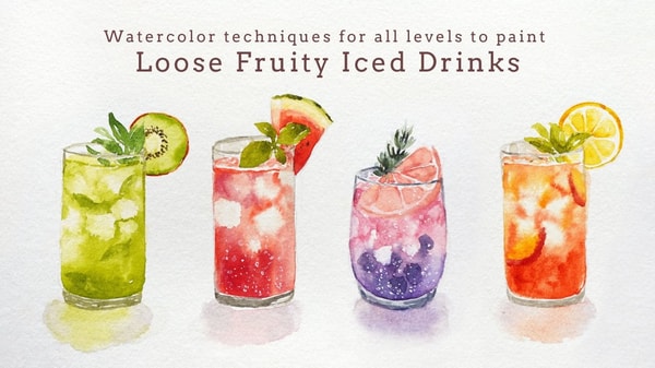 Step by Step Watercolor Techniques to paint Loose Fruity Iced Drinks - For All Levels