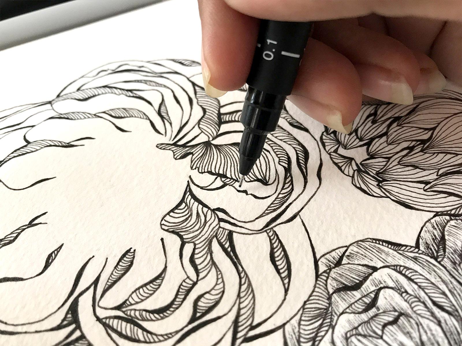 Learn to Draw & illustrate Peonies in complex Line Art technique ...