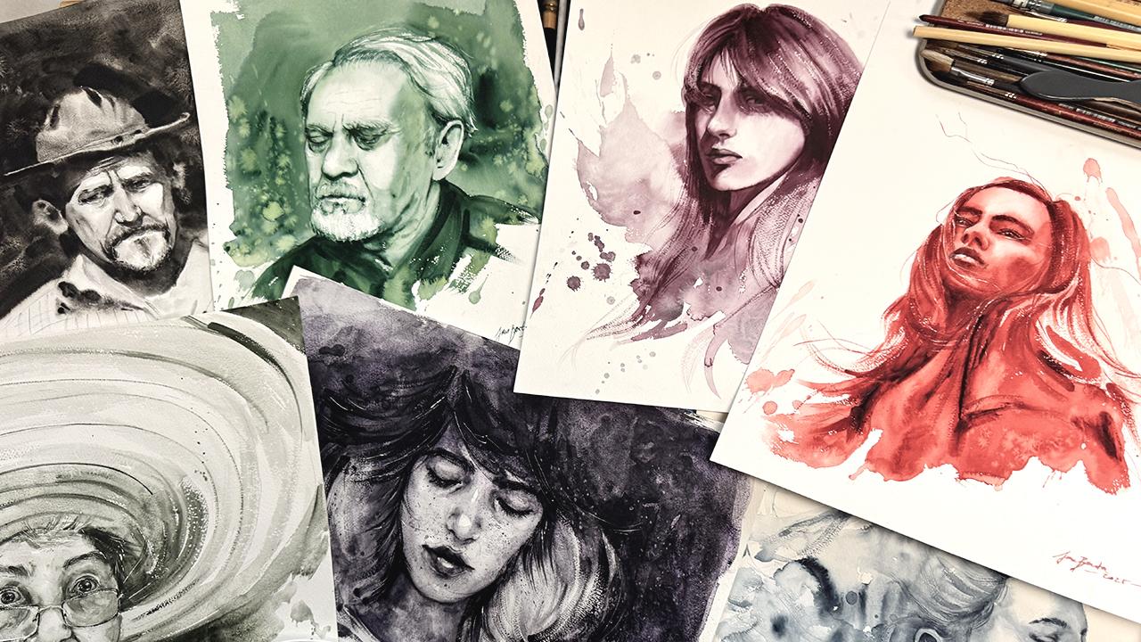 نمونه نقاشی پرتره آبرنگ تک‌رنگ از چالش ۷ روزه