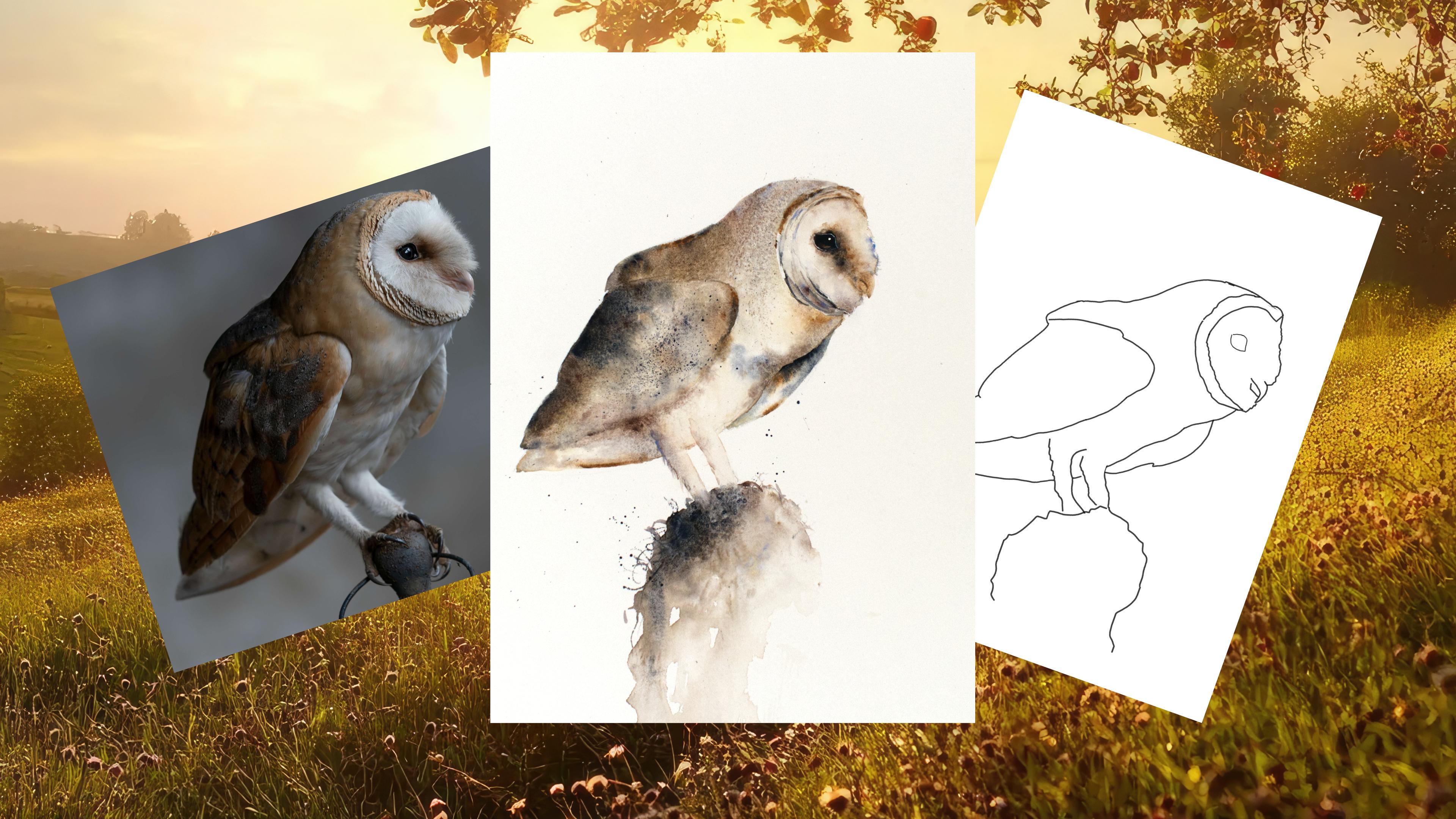 نقاشی جغد انبار با آبرنگ به روش خیس در خیس