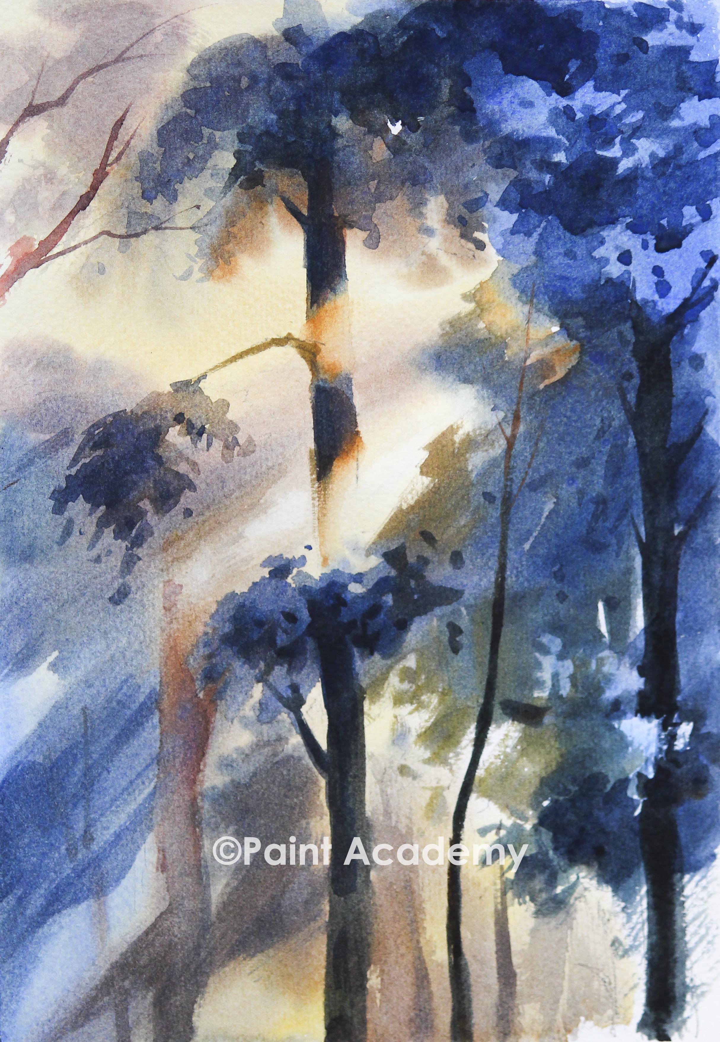 Sunrays in the Forest Watercolor Painting step by step techniques