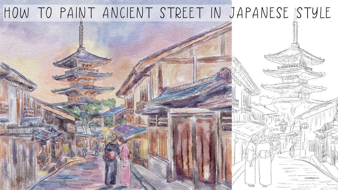 How to paint Ancient Japanese street in Japanese watercolor style in