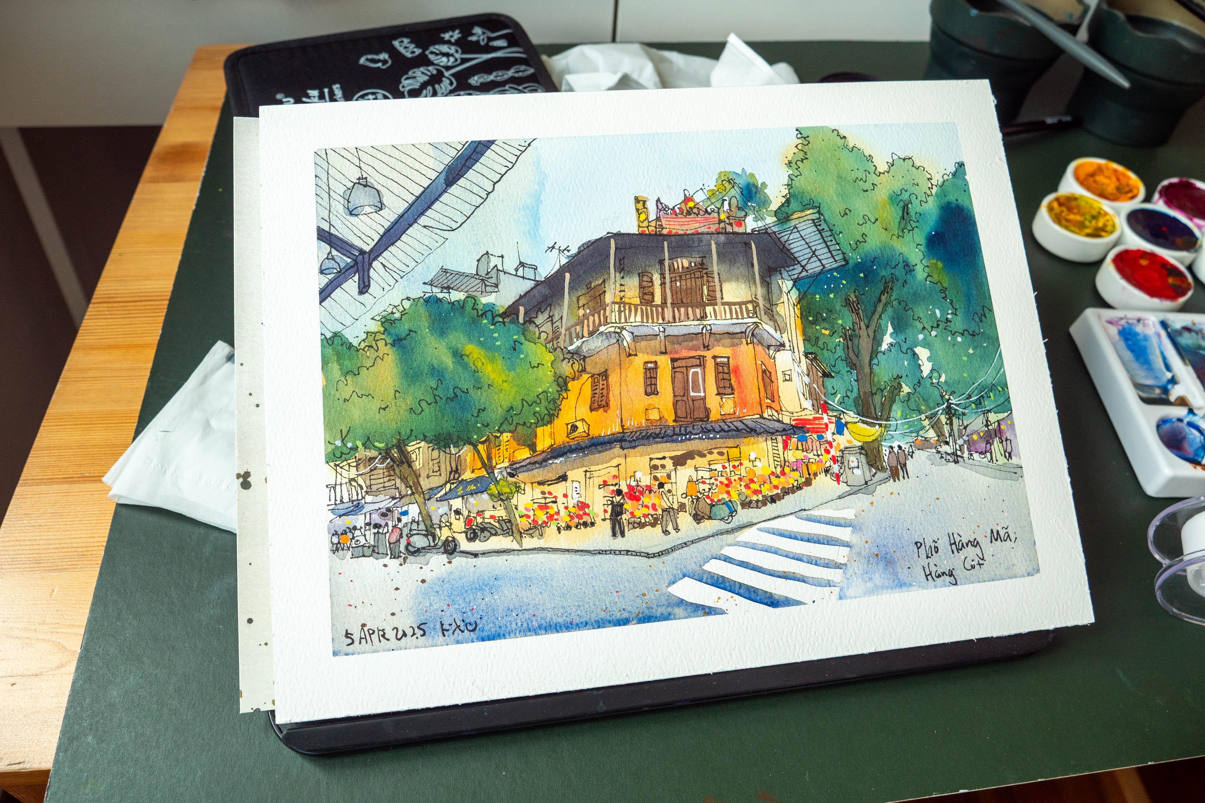 اسکچ خیابانی در محله قدیمی هانوی، ویتنام