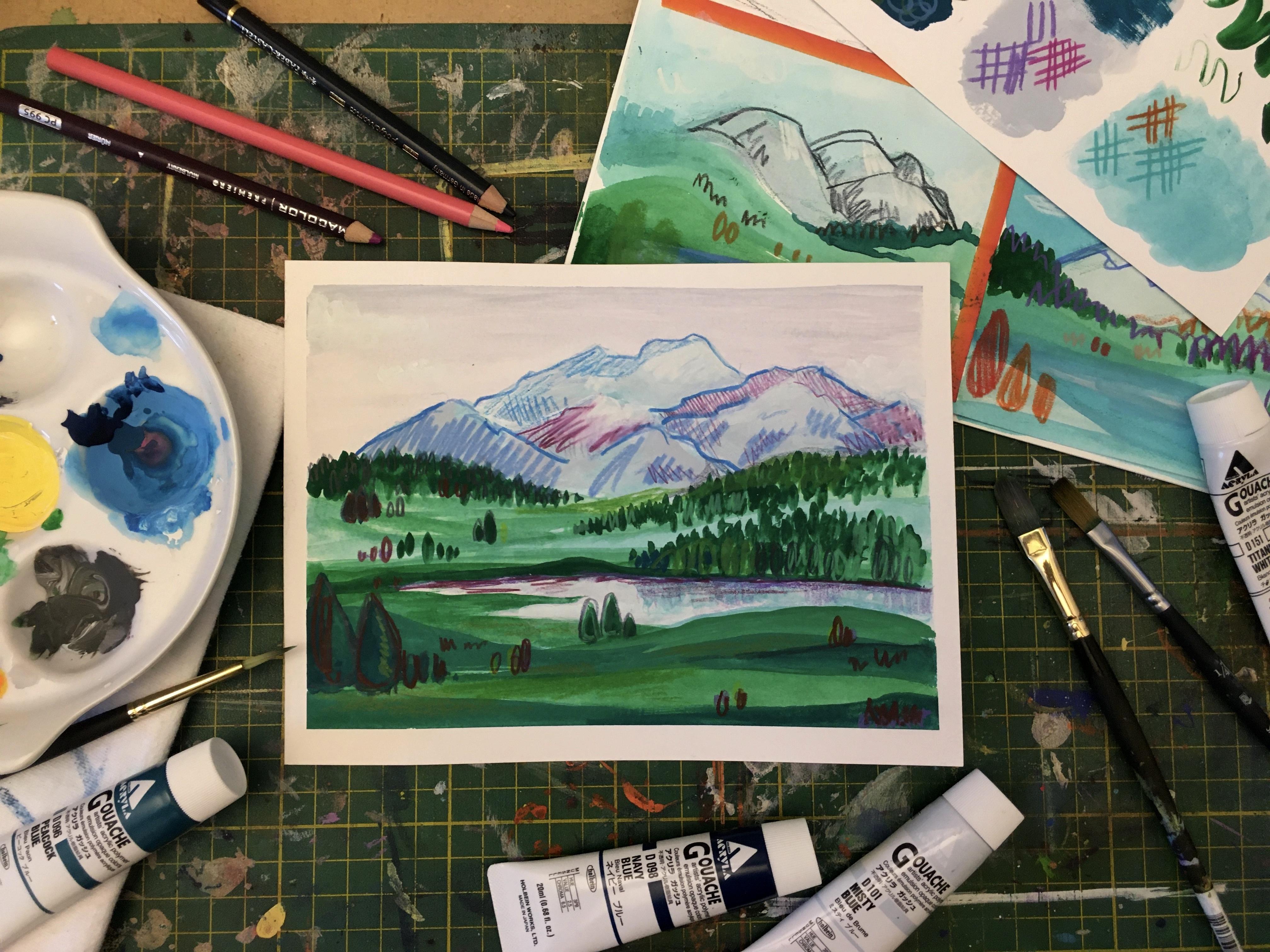 Practicing my landscapes again. Gouache on strathmore toned gray mixed  media paper : r/Gouache