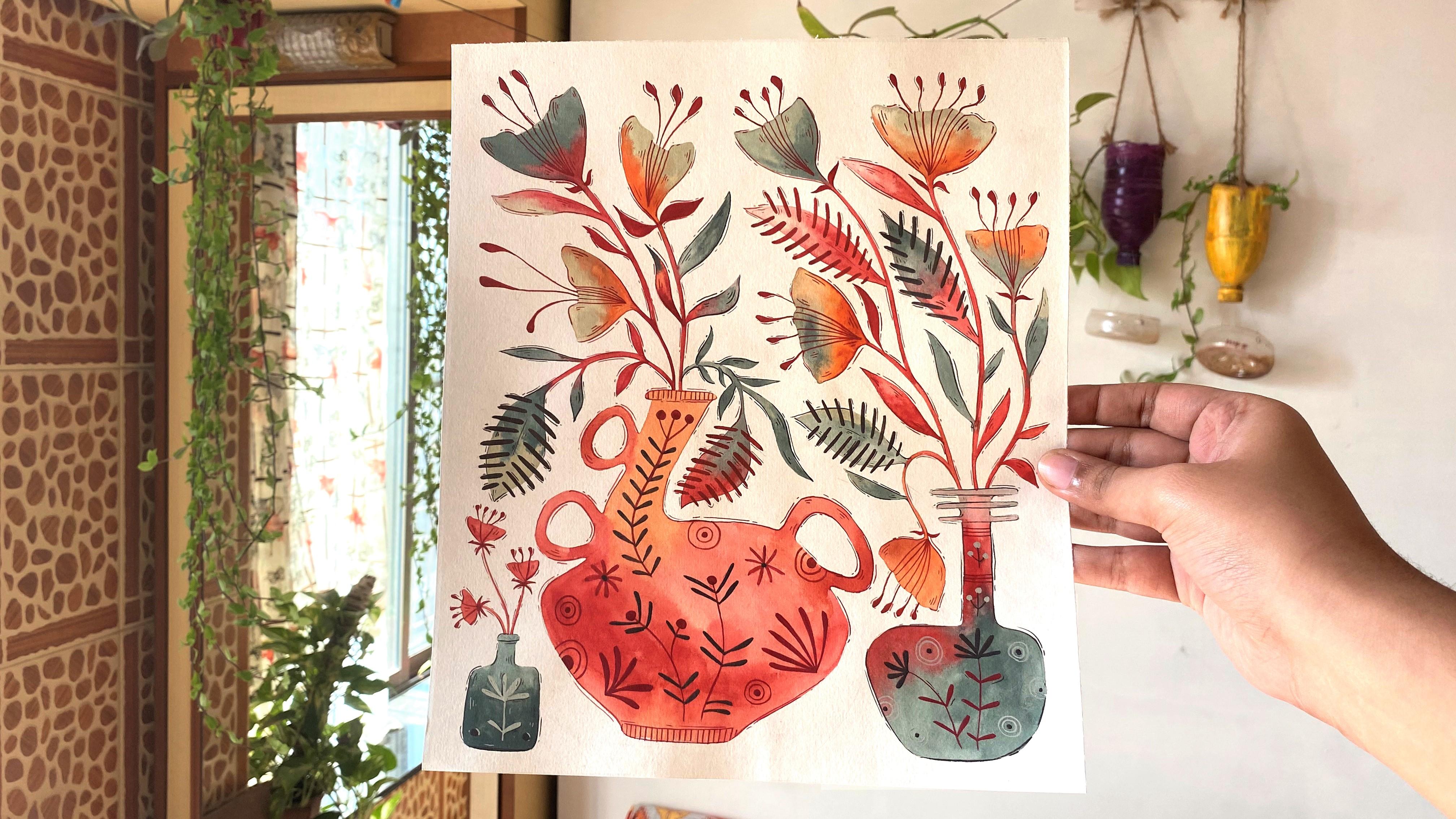 Modern Folk Art Illustration : Drawing and Painting Decorative pots!, WindowsOfMyMind