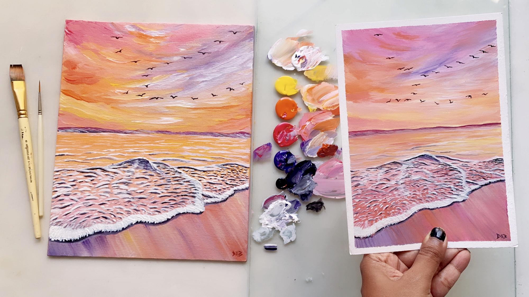 Aesthetic acrylic painting for beginners  easy sunset seascape painting on round  canvas 