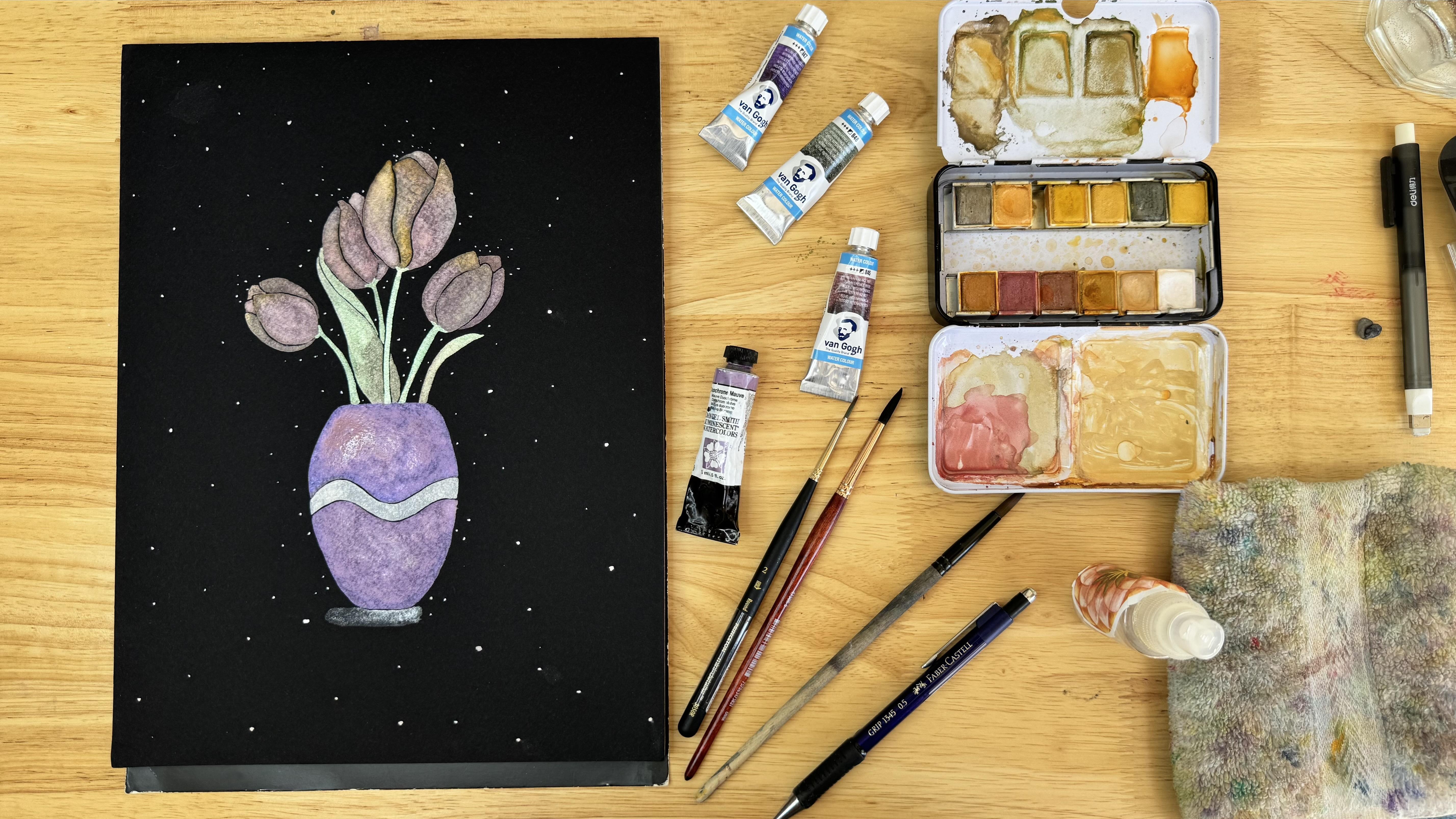 نقاشی آبرنگ متالیک روی کاغذ مشکی