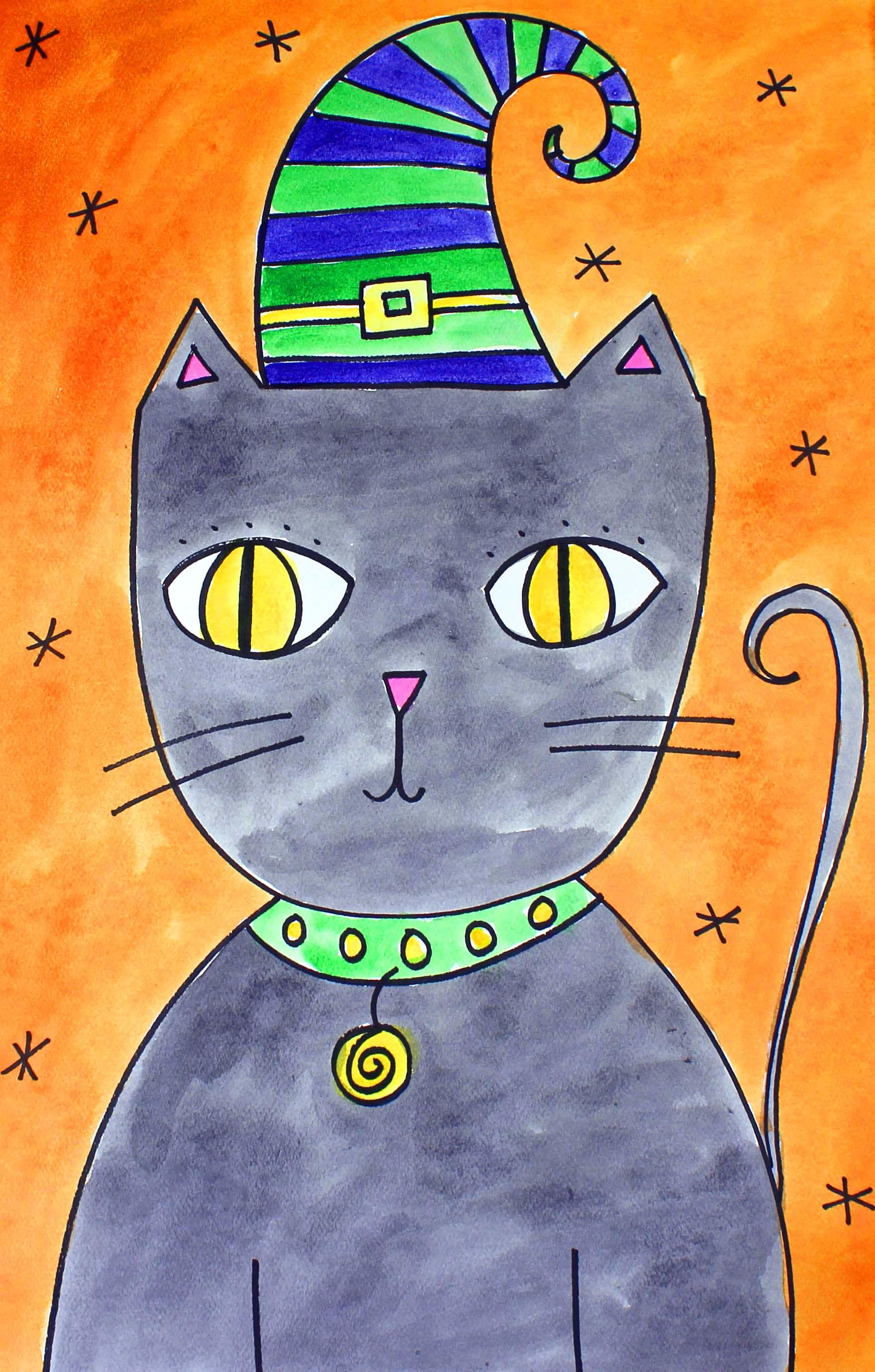 Art for Kids: Drawing and Watercolor Painting a Halloween Cat | Em Winn ...
