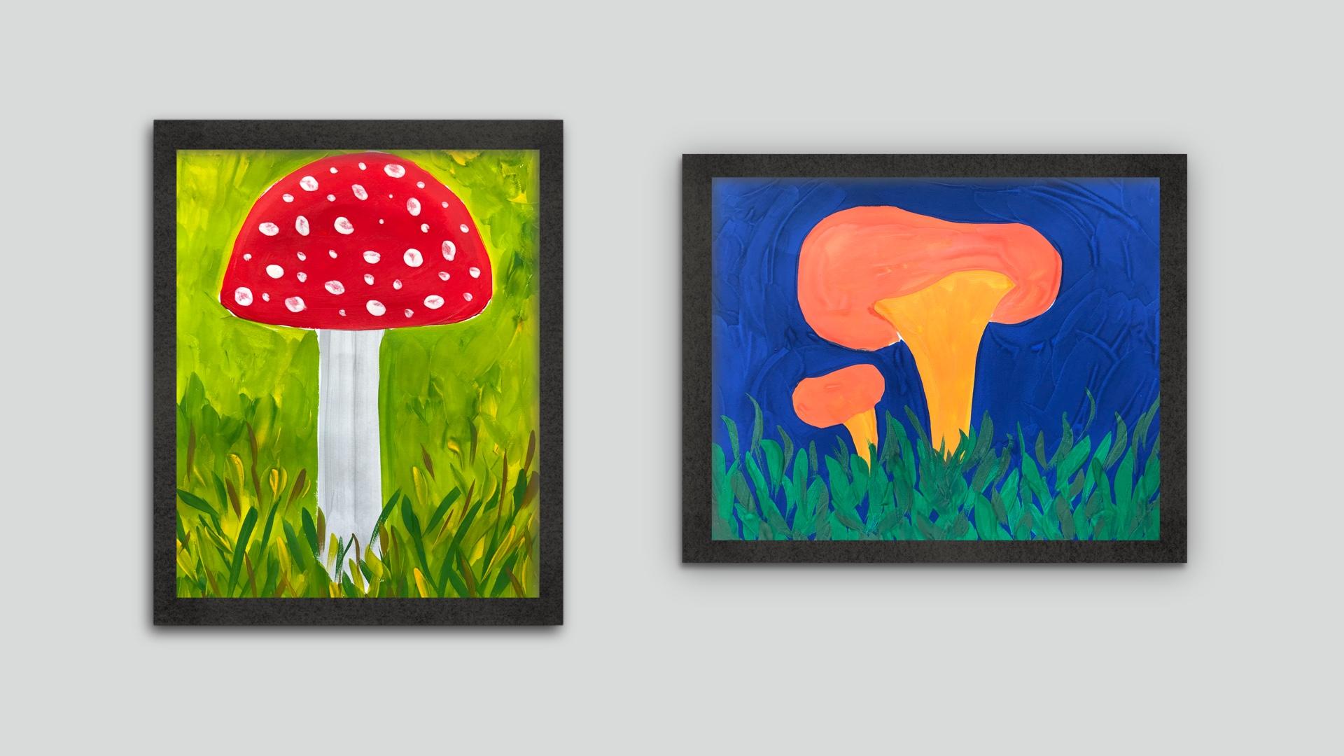 Wild Mushrooms Painting for Kids 5+ Fall Step by Step Art Lessons Fly Agaric, Chanterelles