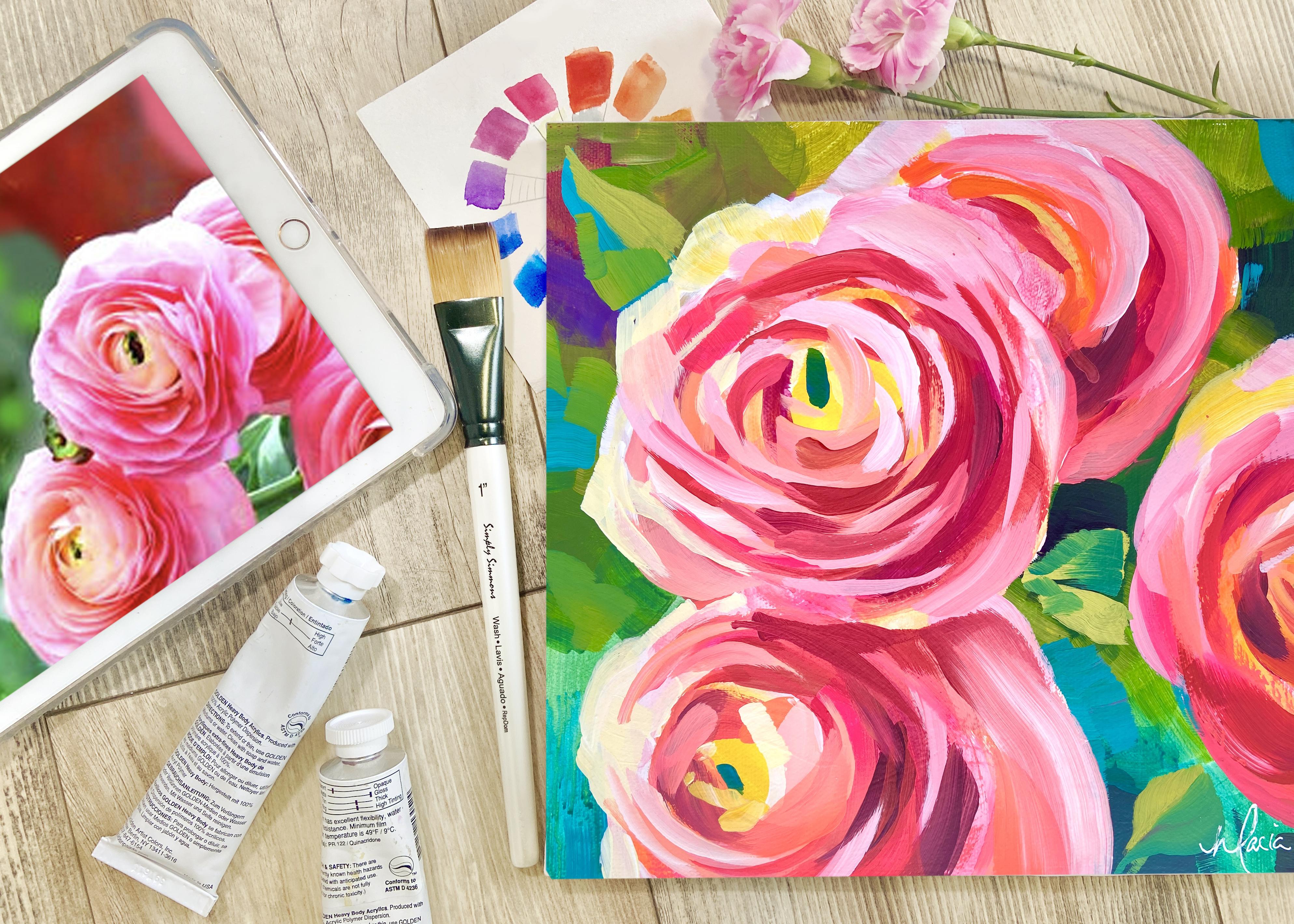 bright acrylic floral painting on 12x12 paper