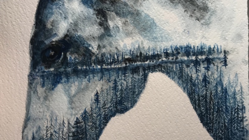 Watercolor horse with misty forest
