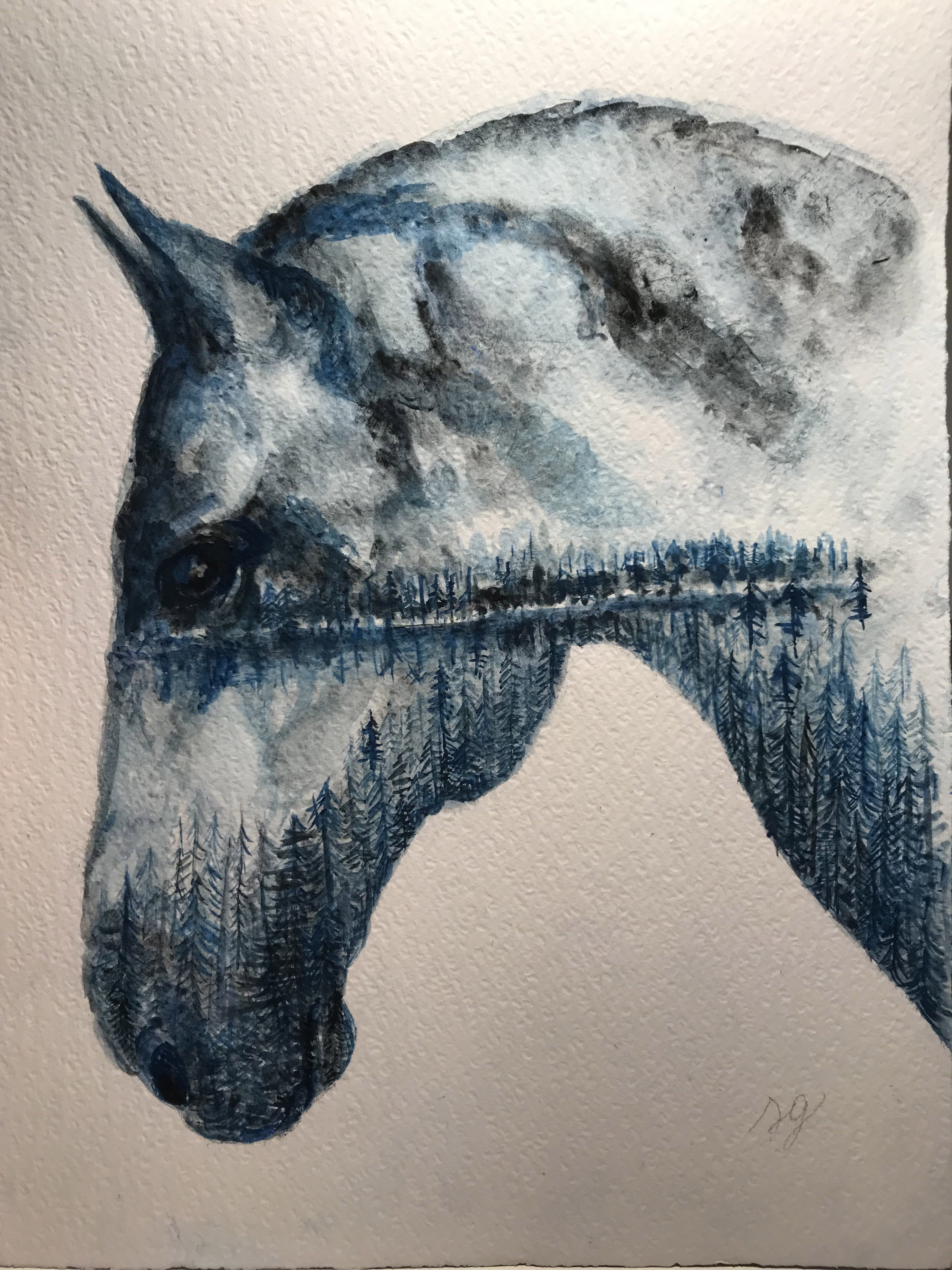 Watercolor horse with misty forest - student project
