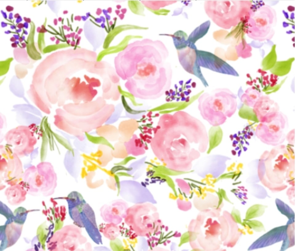 Watercolor flowers and hummingbird - student project