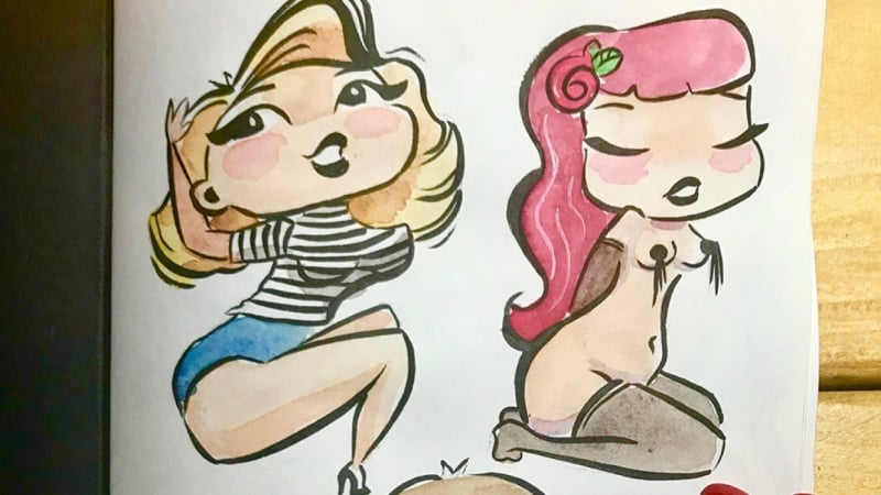 Cutie Girls in ink and watercolour