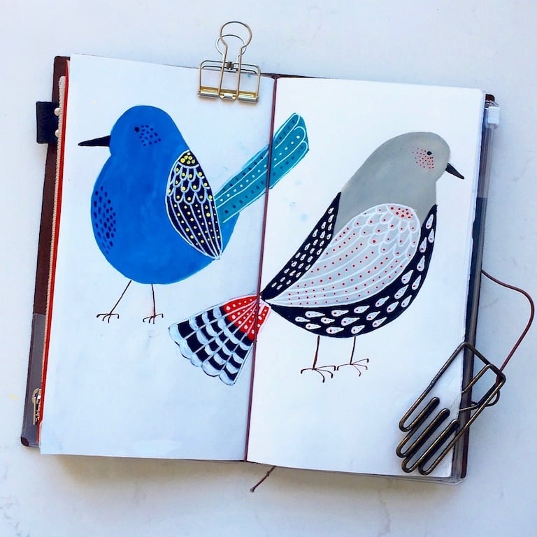 Folk art birds in gouache