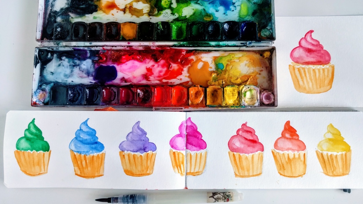 Watercolor Rainbow Pattern: Cupcakes - student project