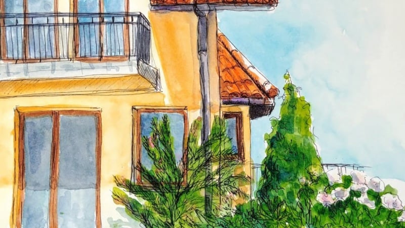 Ink and watercolor house