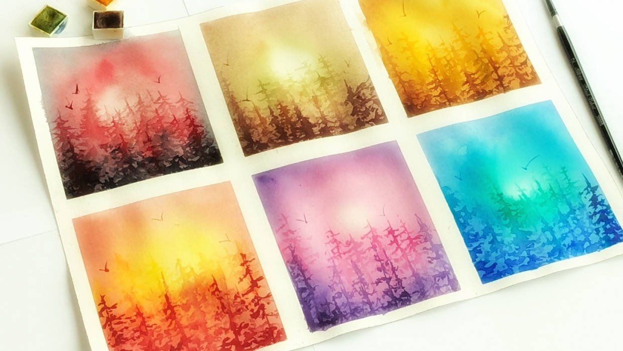 Watercolor Tree line vignettes - student project