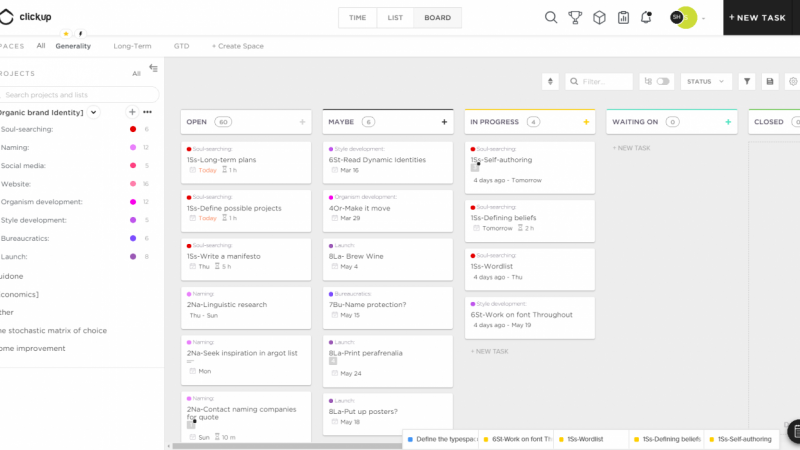 ClickUp Kanban board for a personal branding project