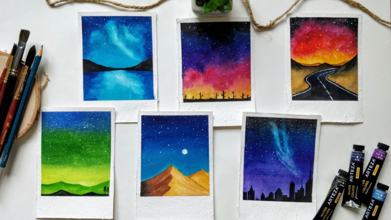 fun and easy watercolour galaxies step by step polaroid water color cards