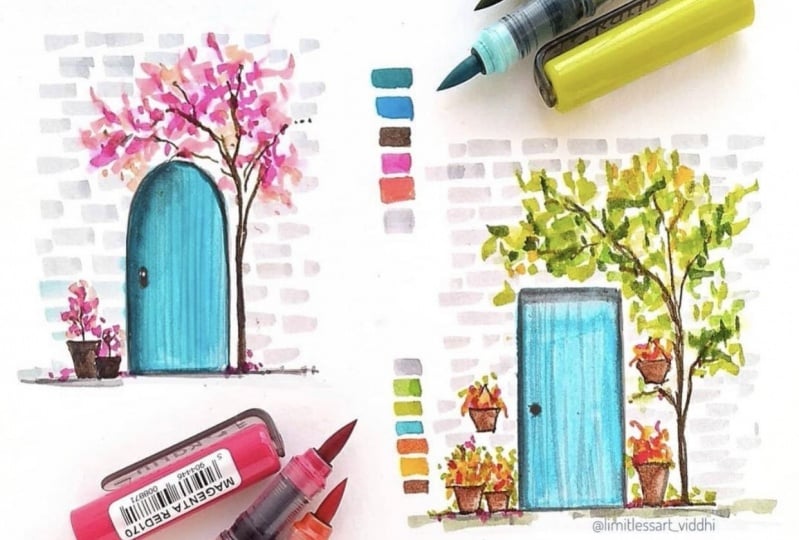 Simple door illustration with waterbased markers