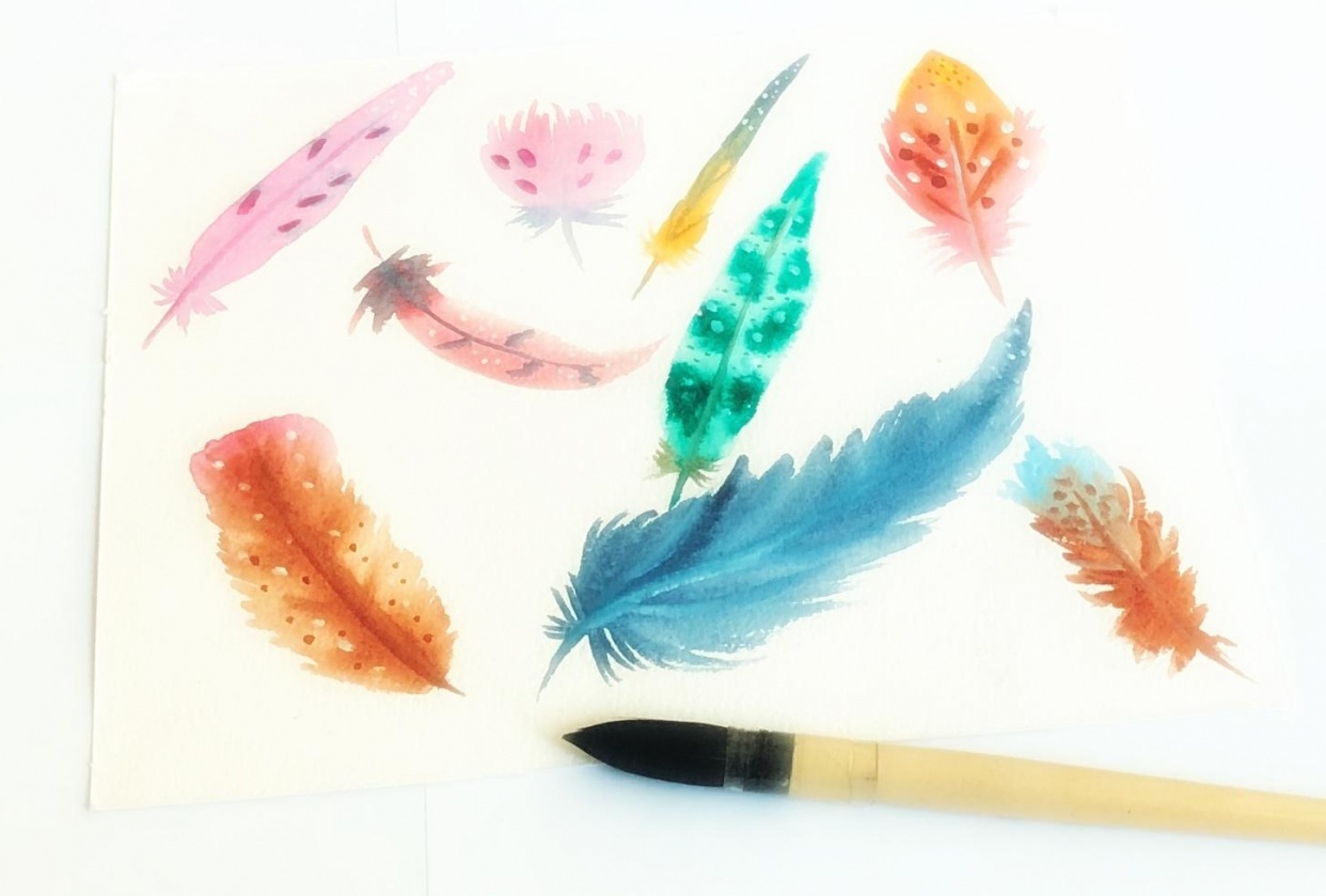 Watercolor feathers with one brush - student project
