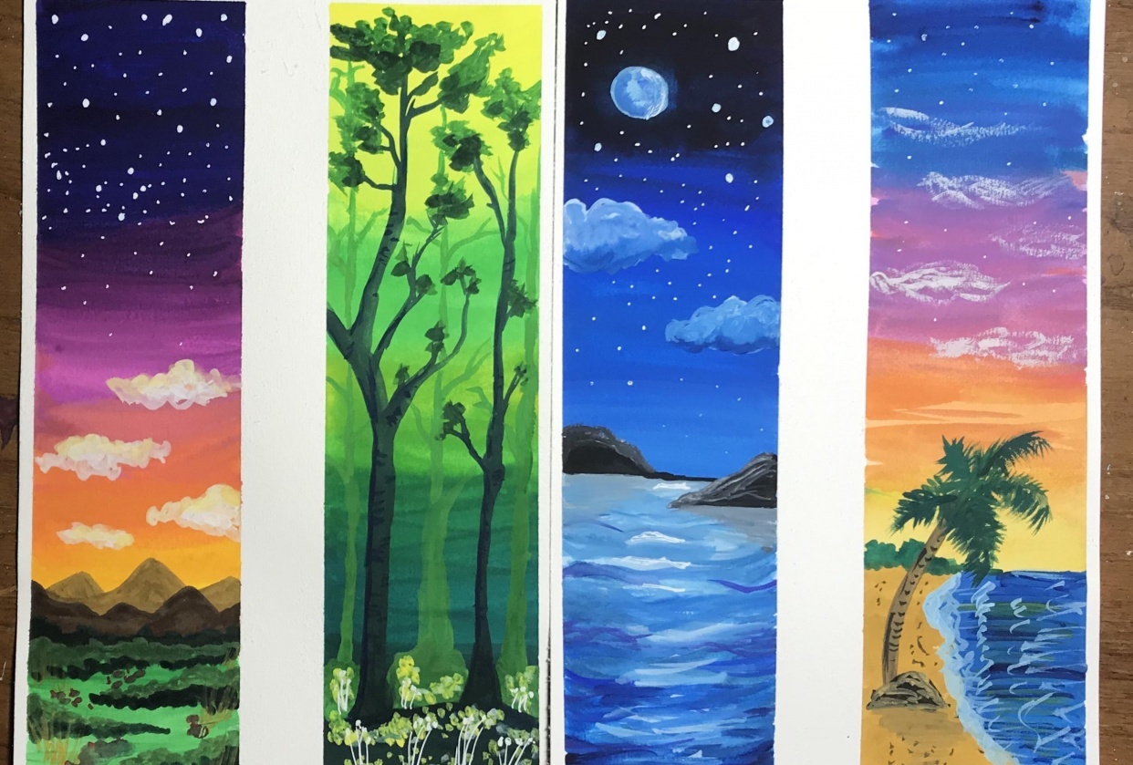 Four Sunset Landscapes in Gouache - student project