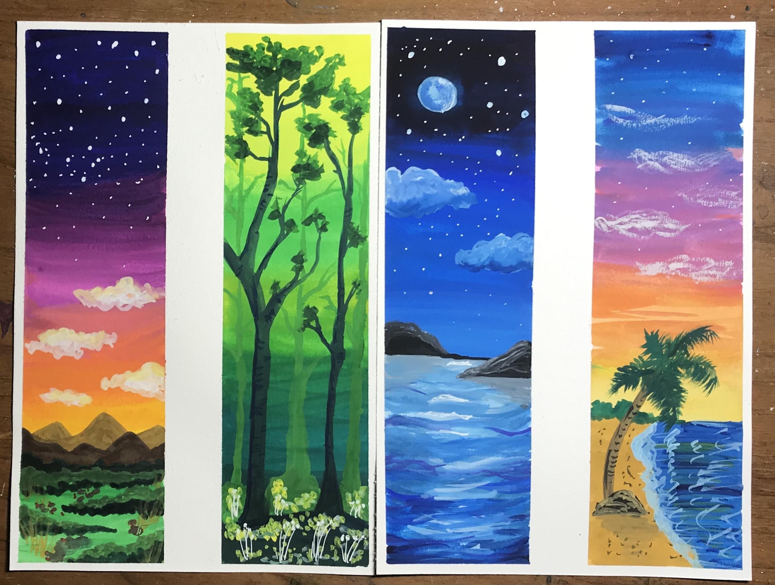 Four Sunset Landscapes in Gouache - student project