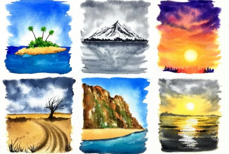 6 mini watercolor landscapes