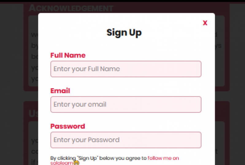 A sign up modal