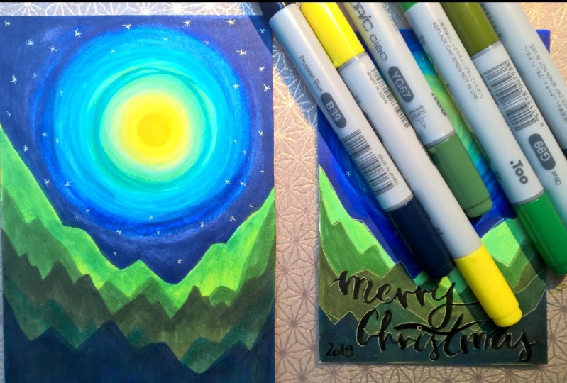 Layered mountains with Copic Markers