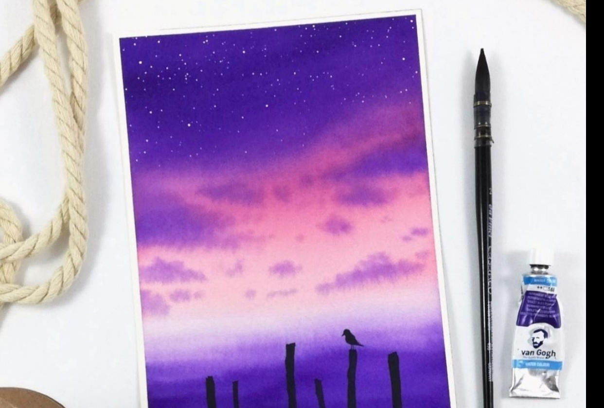 Serene watercolor landscape - student project
