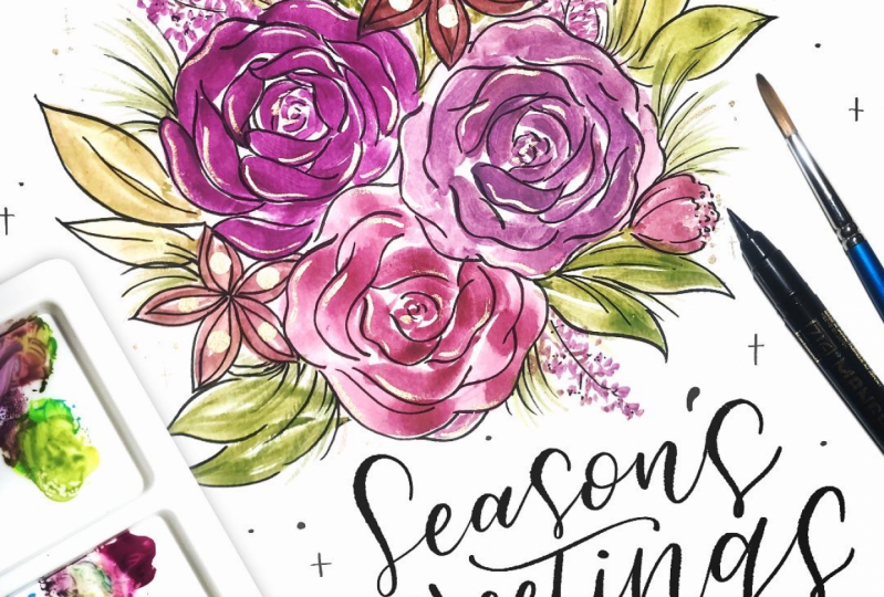 Season's greetings gouache flowers