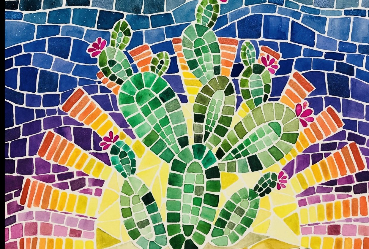 Desert Cacti Horizon Watercolor Mosaic process and final piece - student project