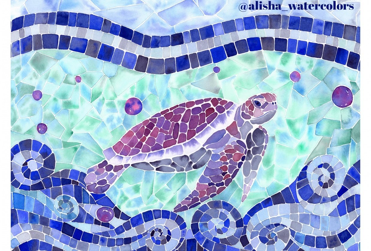 Sea Turtle Watercolor Mosaic - student project