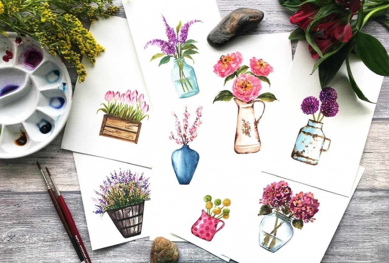Watercolors Beyond Loose Florals: 8 Unique Flowers & Pots Projects - student project