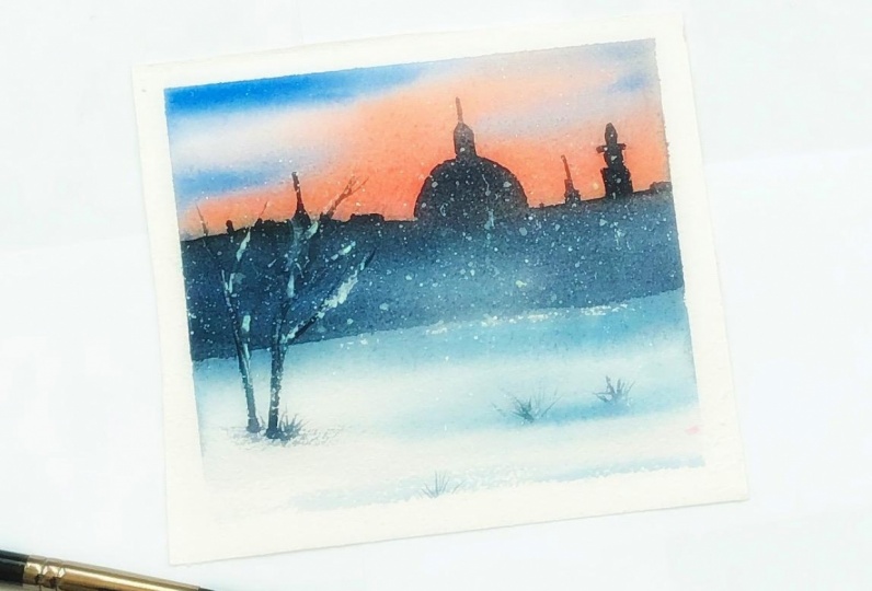 Winter night in watercolor