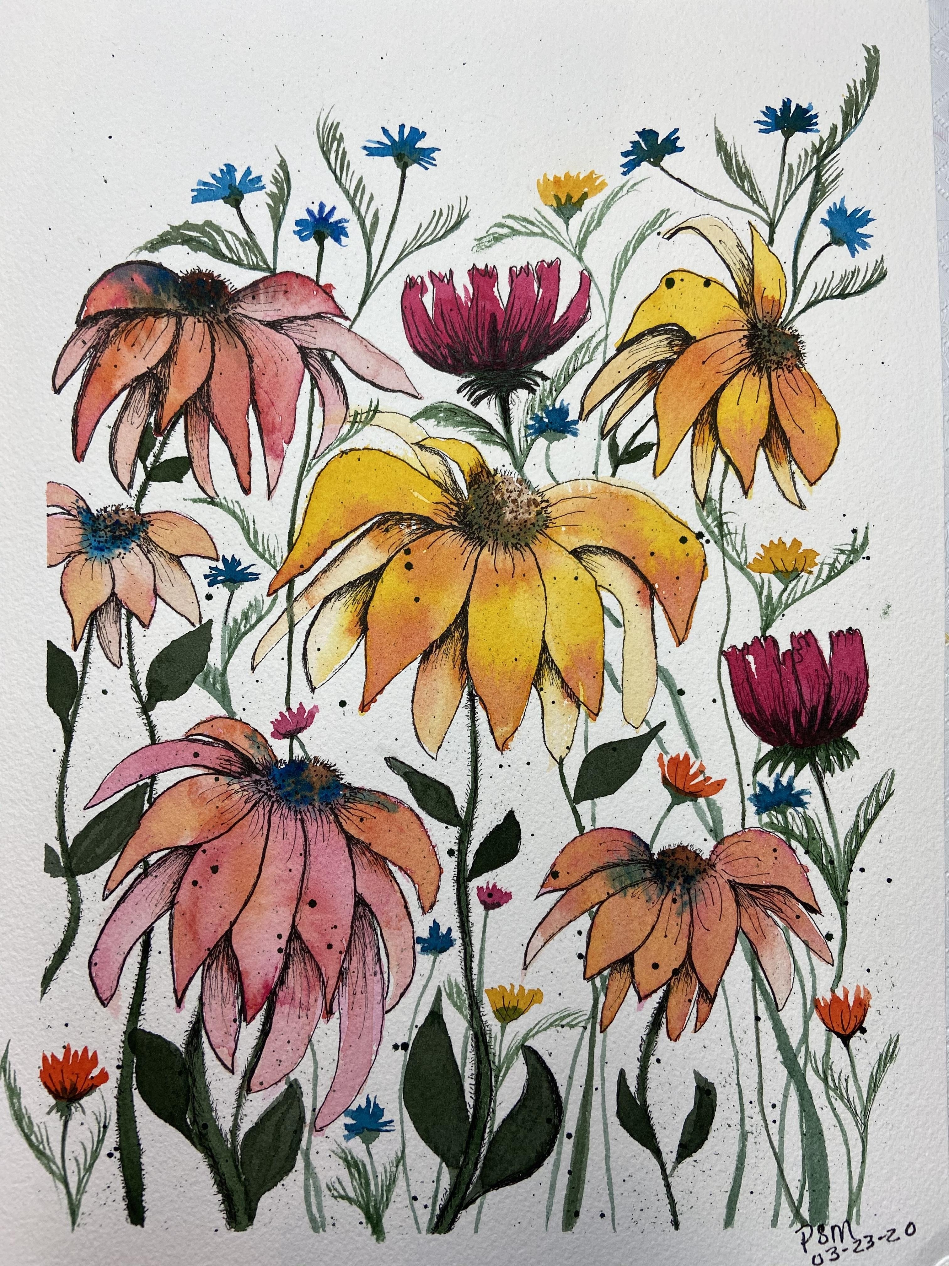 Watercolor and Ink Floral - student project