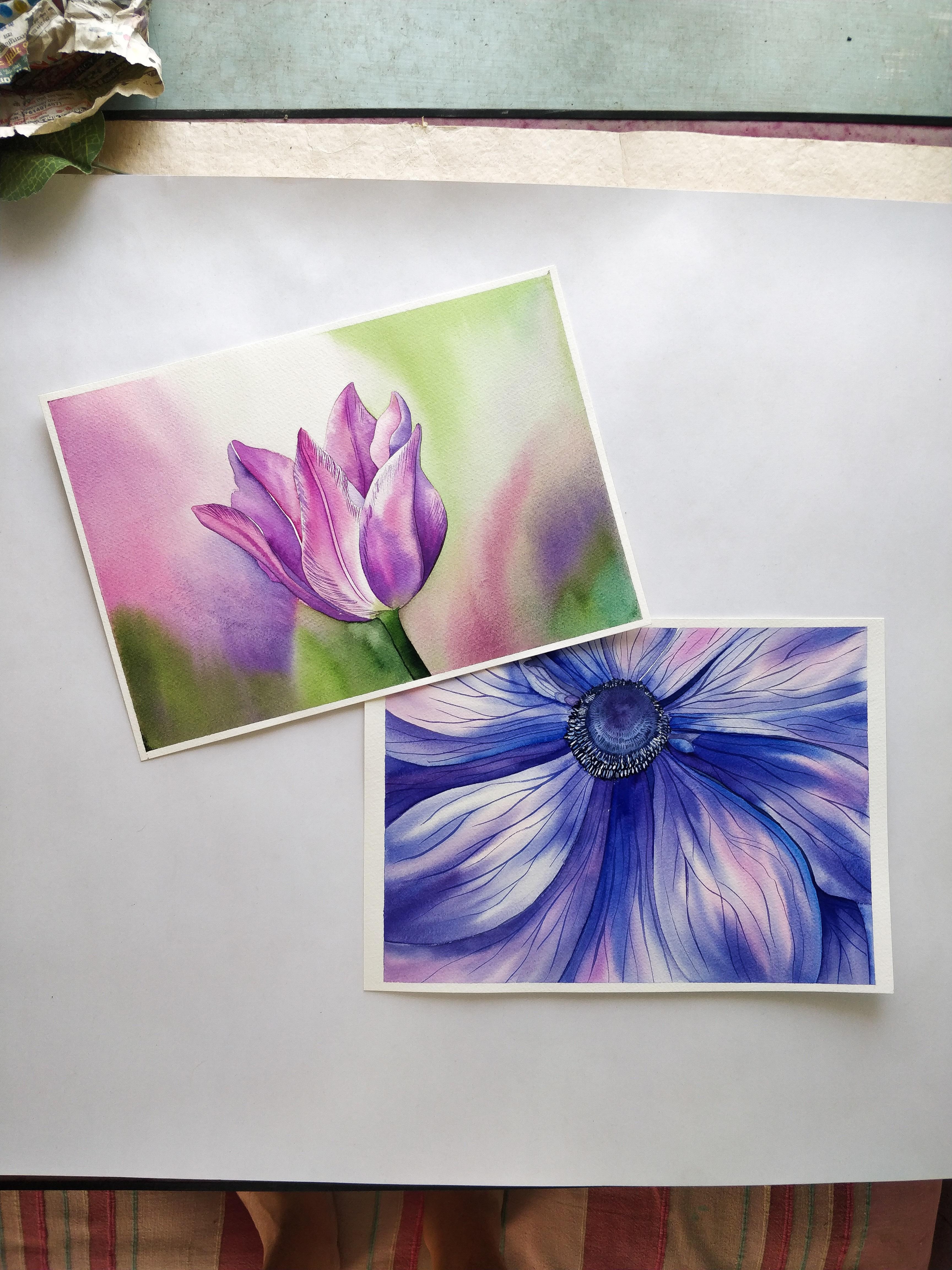 Watercolor Flowers in two ways - student project
