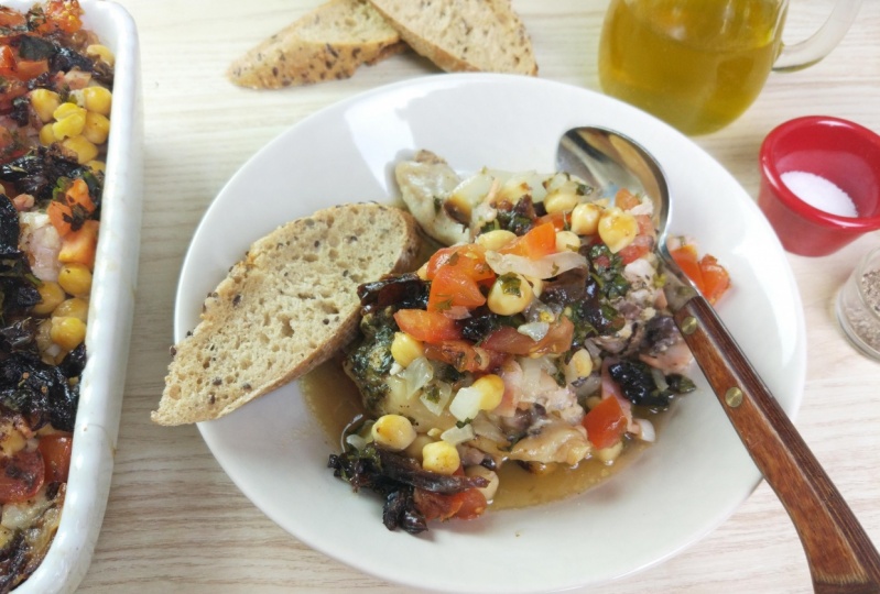 Chickpea Chicken Roast with Prunes, Tomatoes and Thyme