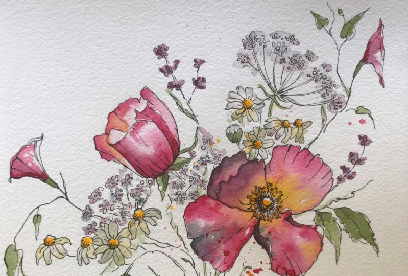 5 Flowers in Watercolor and Ink