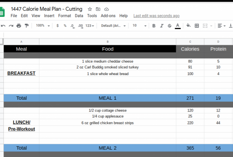 1447 Calorie Meal Plan for Female - Cutting