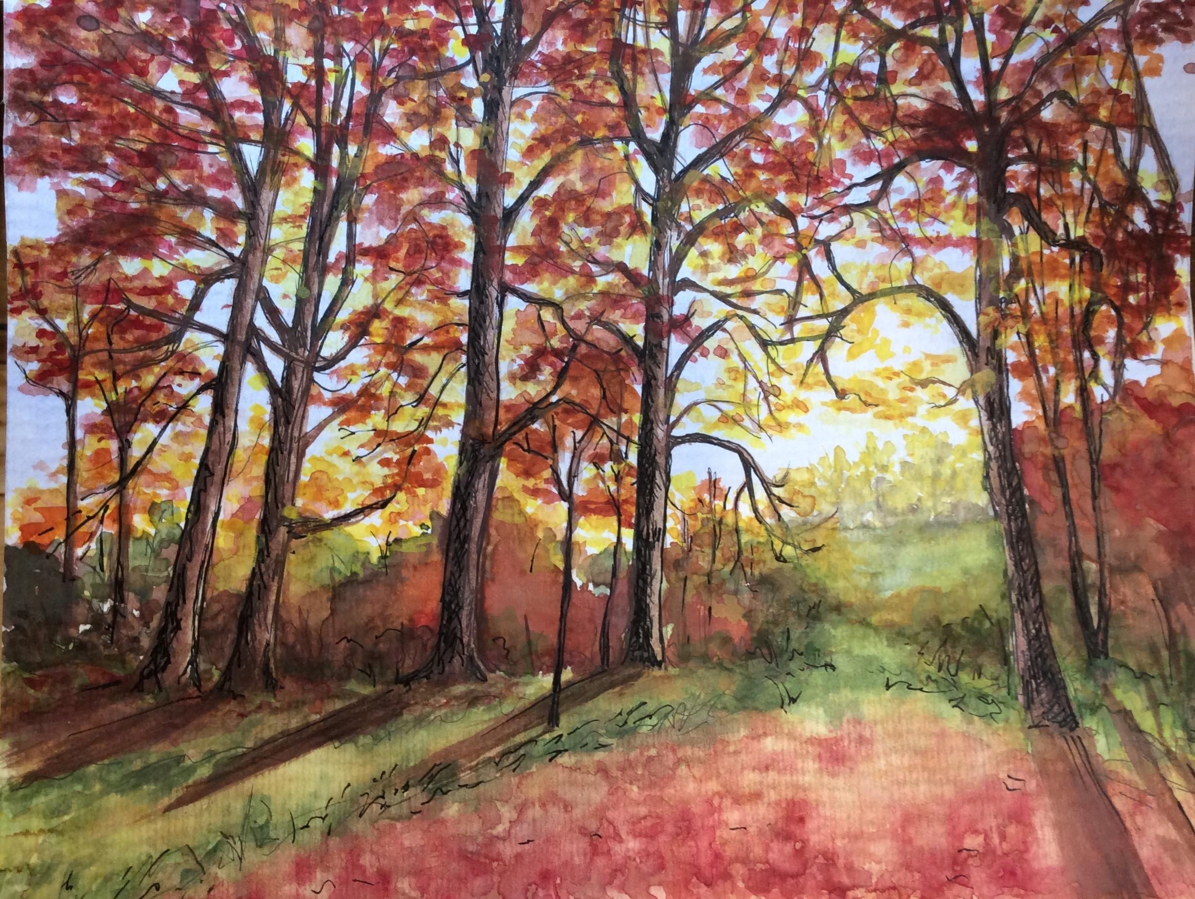 Autumn tree landscape- ink & watercolor - student project