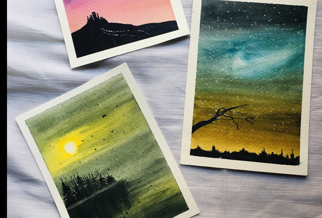 simple watercolor landscapes - student project