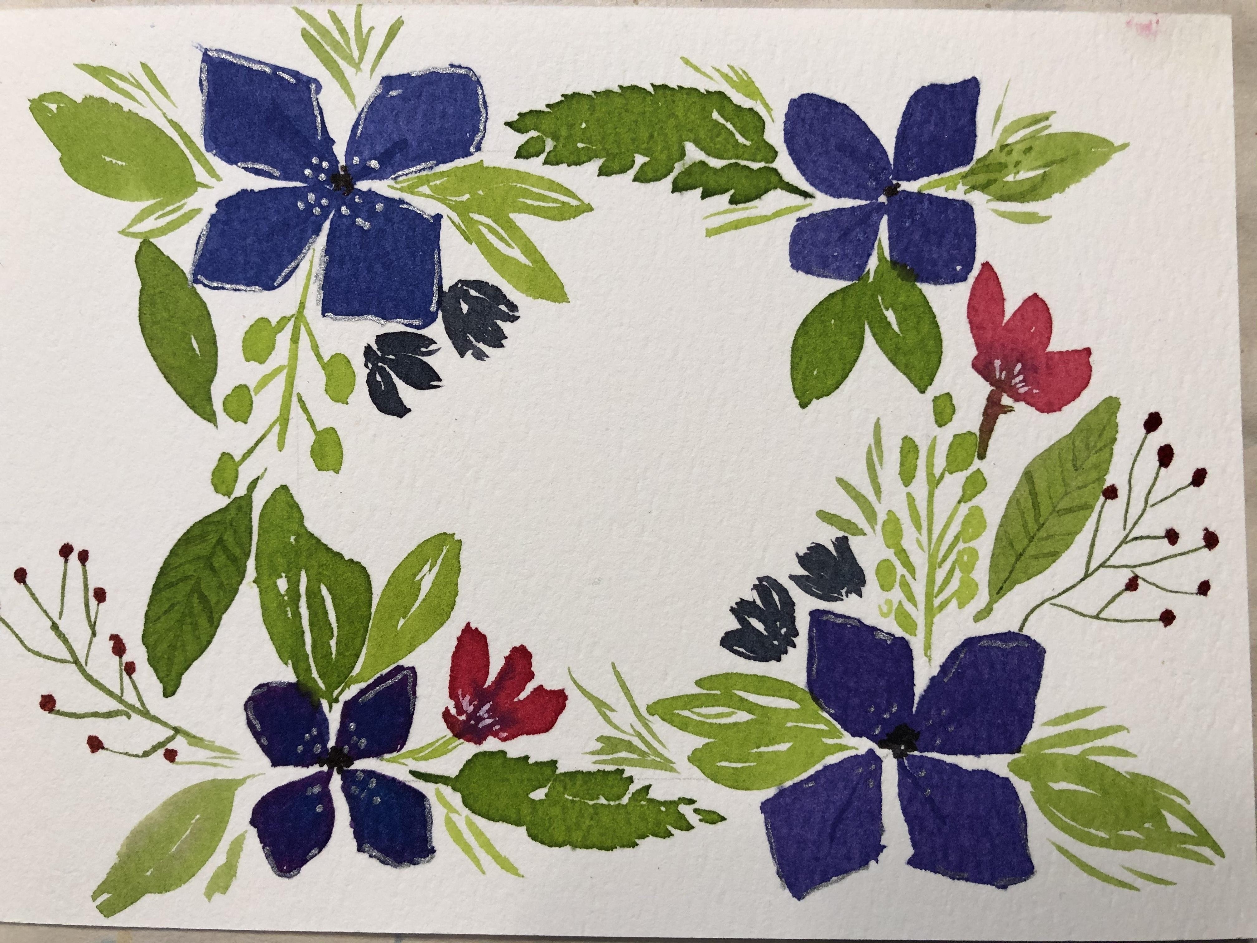Whimsical wreath watercolor - student project