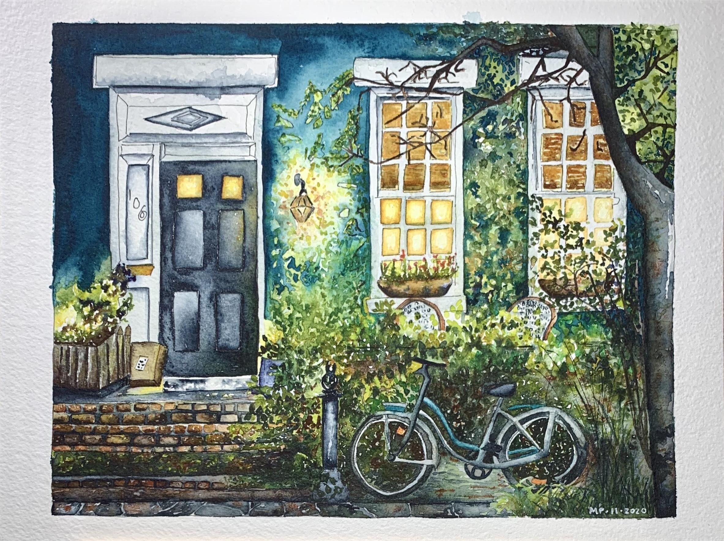 Row house at dusk